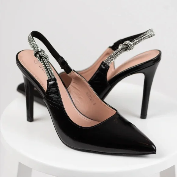 New Black Slingback Rhinestone Strap Pointed Heels size 10 - Picture 4 of 8